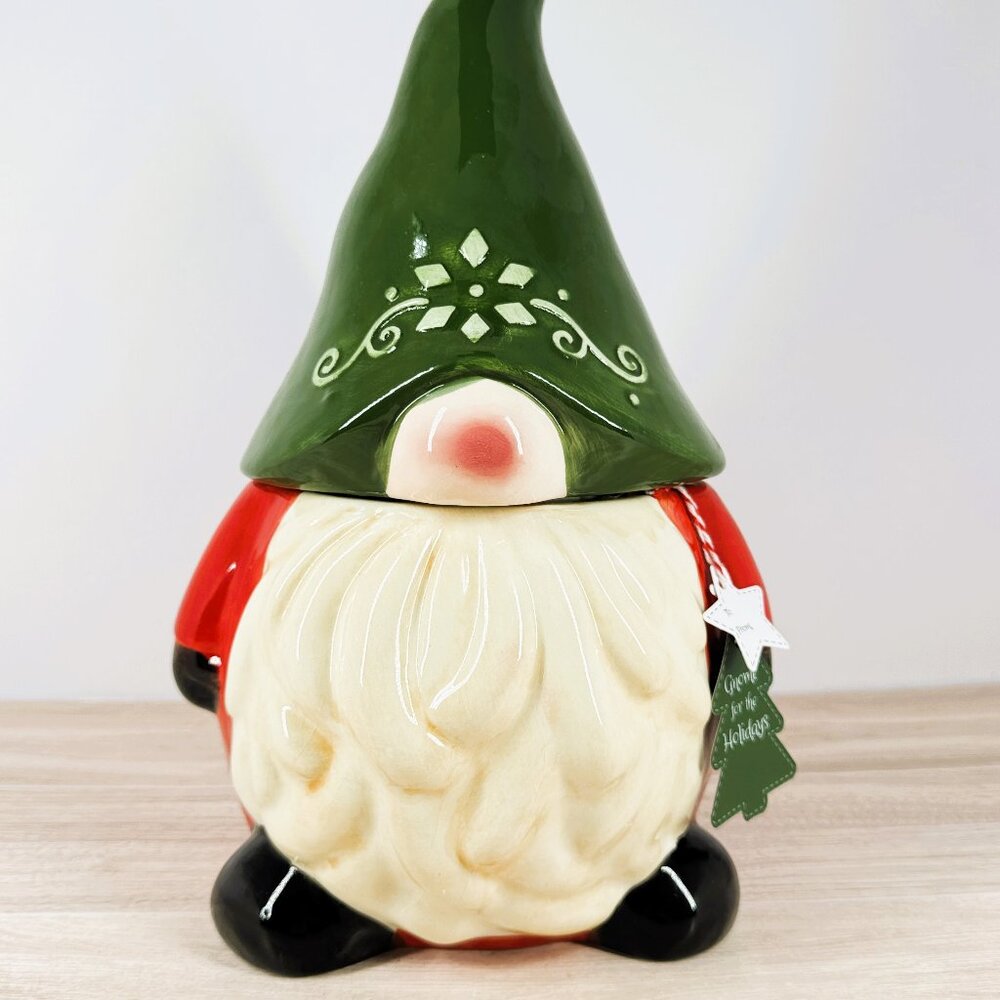 Home Essentials Christmas‎ Gnome Cookie Jar Red Green Ceramic Canister